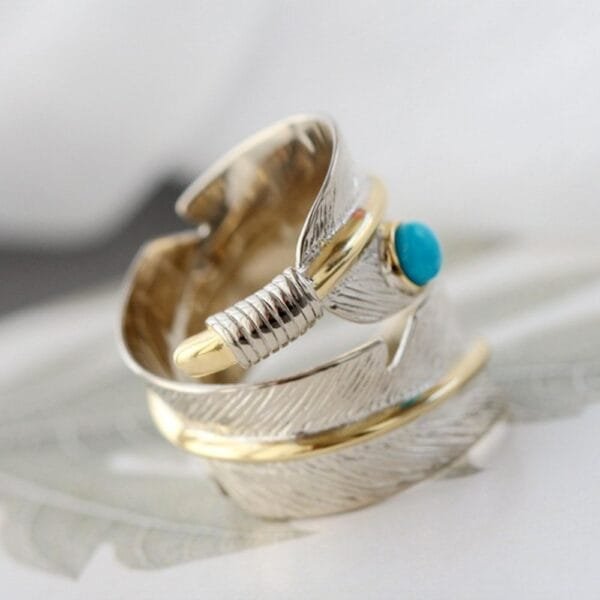 Gold Plated Sterling Silver Turquoise Feather Ring - Image 2