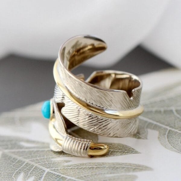 Gold Plated Sterling Silver Turquoise Feather Ring - Image 3