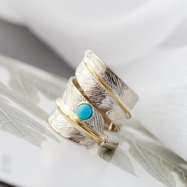 Gold Plated Sterling Silver Turquoise Feather Ring - Image 4