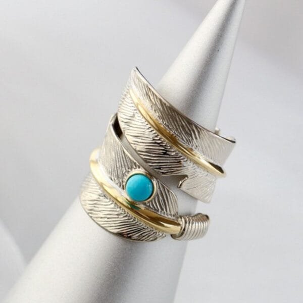 Gold Plated Sterling Silver Turquoise Feather Ring - Image 5