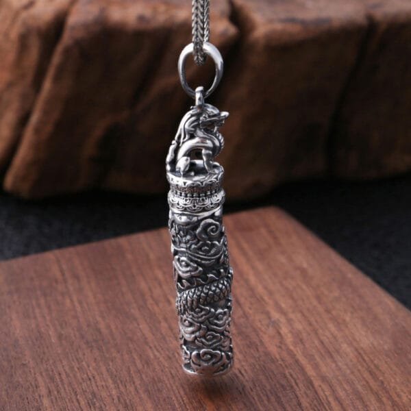 Men's Fine Silver Dragon Cylinder Pendant Necklace - Image 3