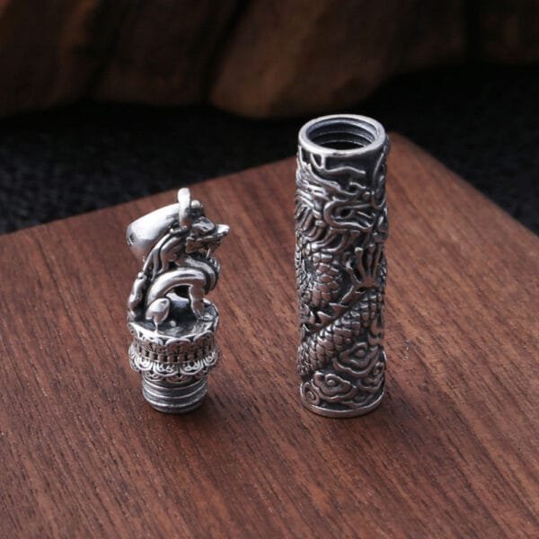 Men's Fine Silver Dragon Cylinder Pendant Necklace - Image 4