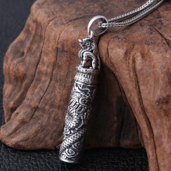 Men's Fine Silver Dragon Cylinder Pendant Necklace - Image 5