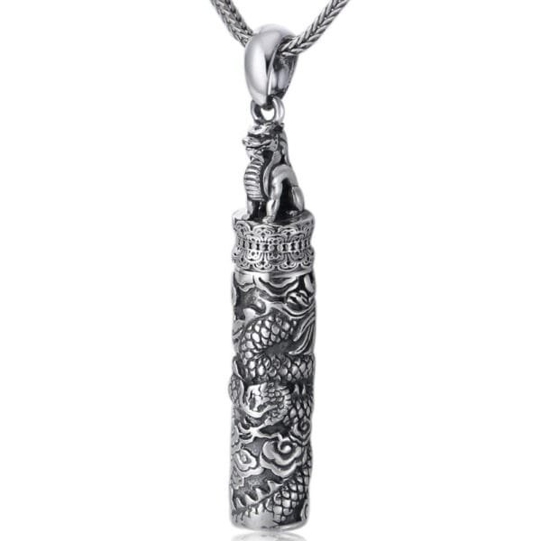 Men's Fine Silver Dragon Cylinder Pendant Necklace - Image 6