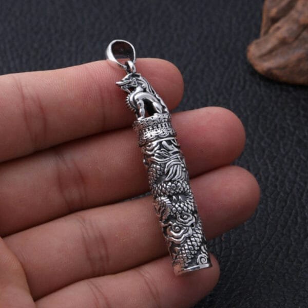 Men's Fine Silver Dragon Cylinder Pendant Necklace - Image 7