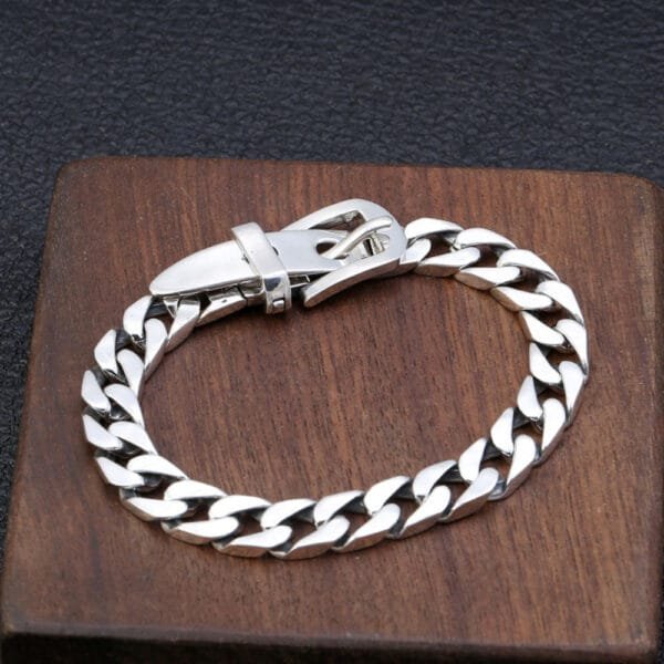 Men's Sterling Silver Belt Buckle Curb Chain Bracelet - Image 2