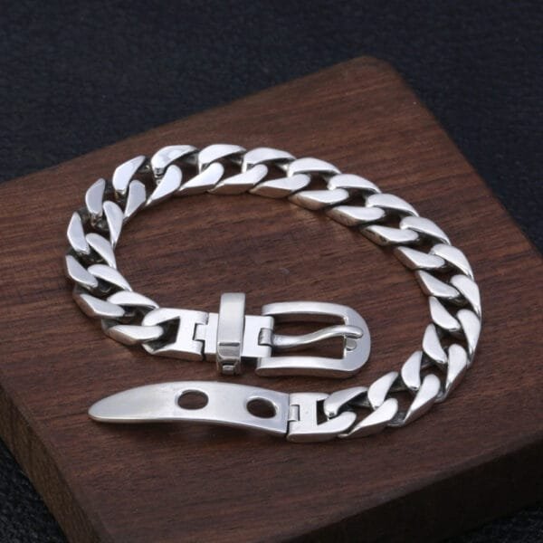 Men's Sterling Silver Belt Buckle Curb Chain Bracelet - Image 4