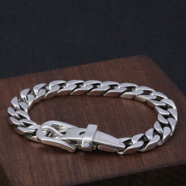 Men's Sterling Silver Belt Buckle Curb Chain Bracelet - Image 5