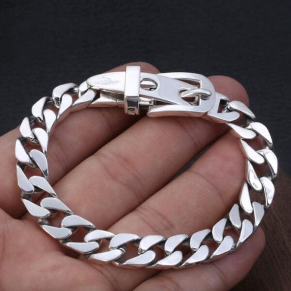 Men's Sterling Silver Belt Buckle Curb Chain Bracelet - Image 7