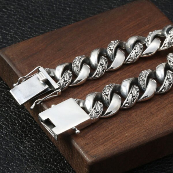 Men's Sterling Silver Carved Curb Chain Bracelet - Image 2
