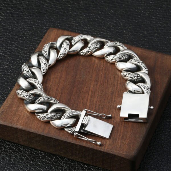 Men's Sterling Silver Carved Curb Chain Bracelet - Image 3