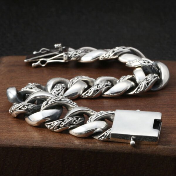 Men's Sterling Silver Carved Curb Chain Bracelet - Image 5