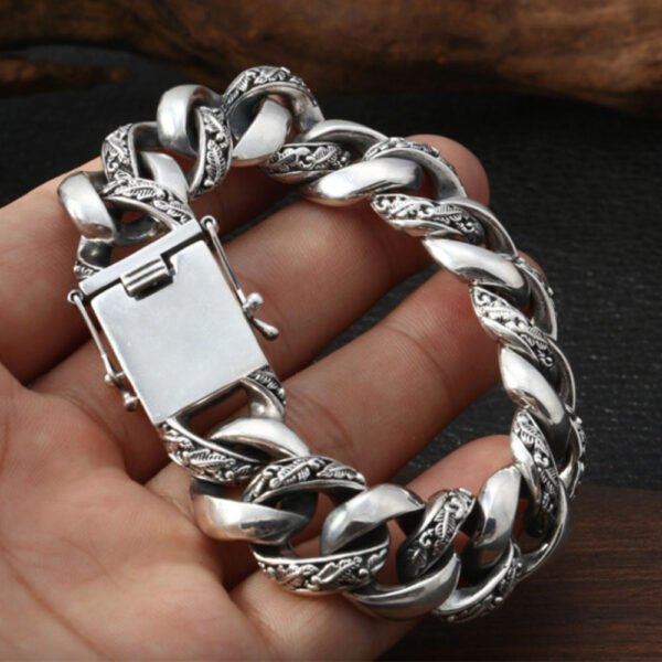 Men's Sterling Silver Carved Curb Chain Bracelet - Image 7