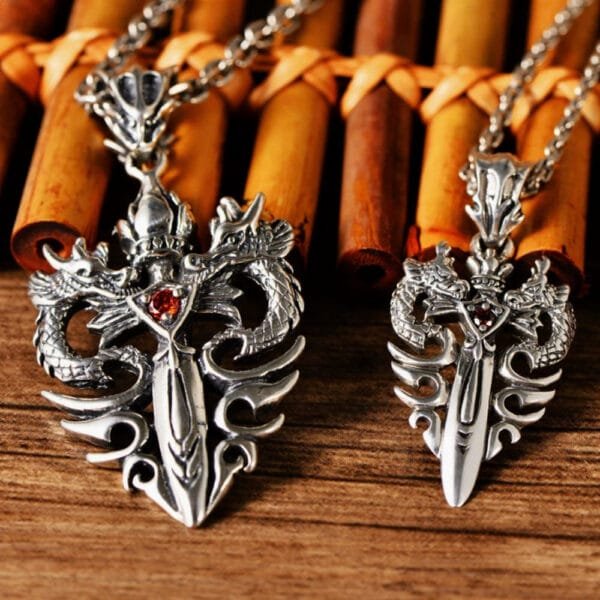 Men's Sterling Silver Dragon Sword Pendant Necklace - Image 2
