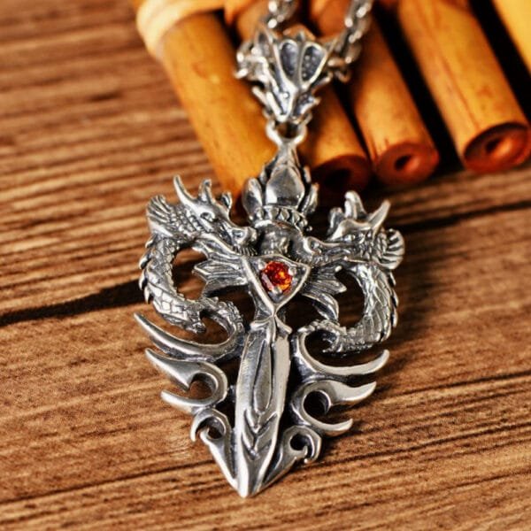 Men's Sterling Silver Dragon Sword Pendant Necklace - Image 4