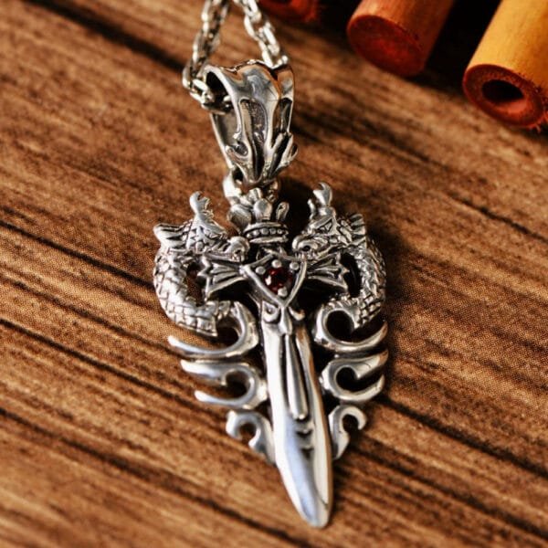 Men's Sterling Silver Dragon Sword Pendant Necklace - Image 5