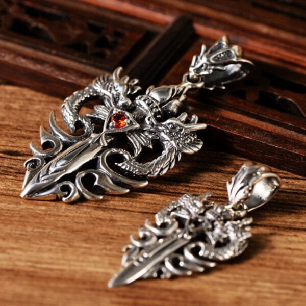 Men's Sterling Silver Dragon Sword Pendant Necklace - Image 7