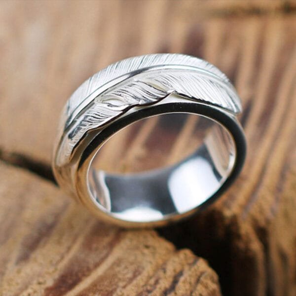 Men's Sterling Silver Feather Band Ring - Image 5