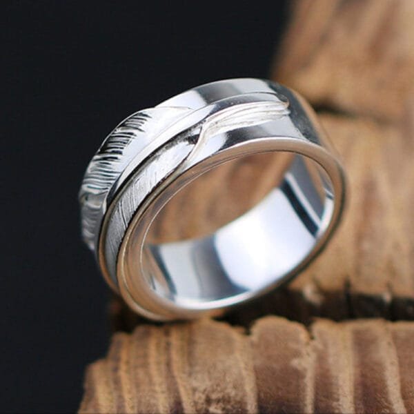 Men's Sterling Silver Feather Band Ring - Image 6