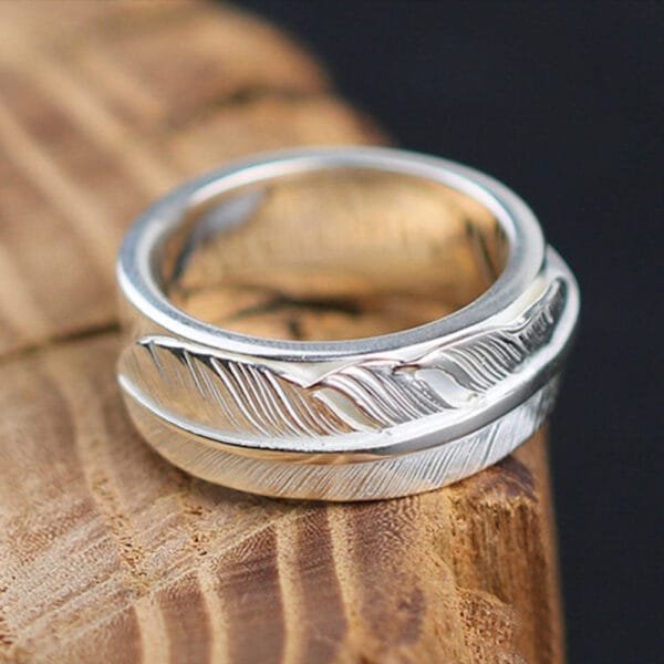 Men's Sterling Silver Feather Band Ring - Image 7