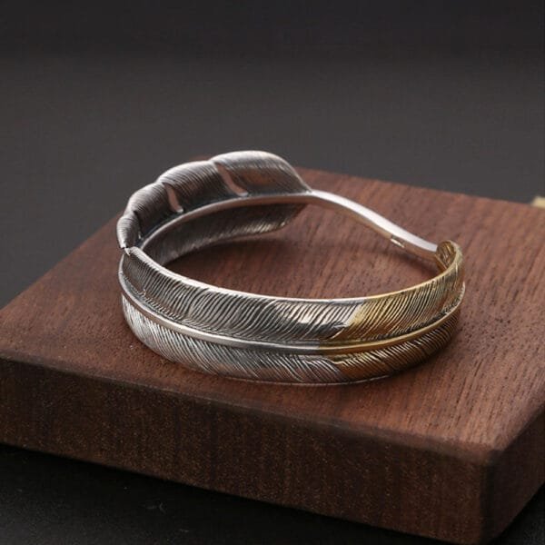Men's Sterling Silver Two-Tone Feather Cuff Bracelet - Image 2