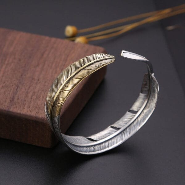 Men's Sterling Silver Two-Tone Feather Cuff Bracelet - Image 3