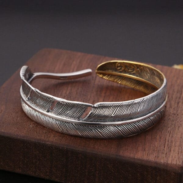 Men's Sterling Silver Two-Tone Feather Cuff Bracelet - Image 4