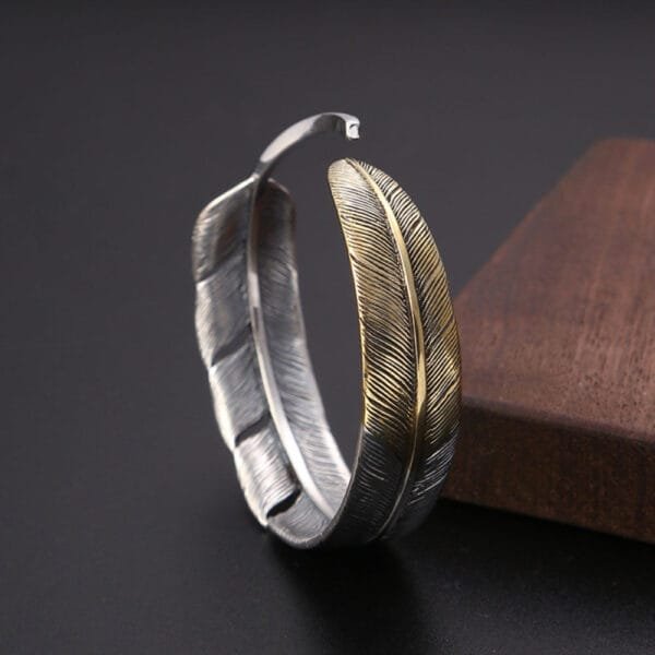 Men's Sterling Silver Two-Tone Feather Cuff Bracelet - Image 5