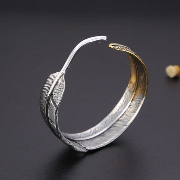 Men's Sterling Silver Two-Tone Feather Cuff Bracelet - Image 6
