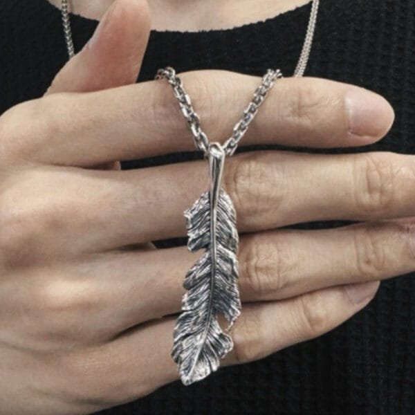 Men's Sterling Silver Feather Pendant Necklace - Image 7