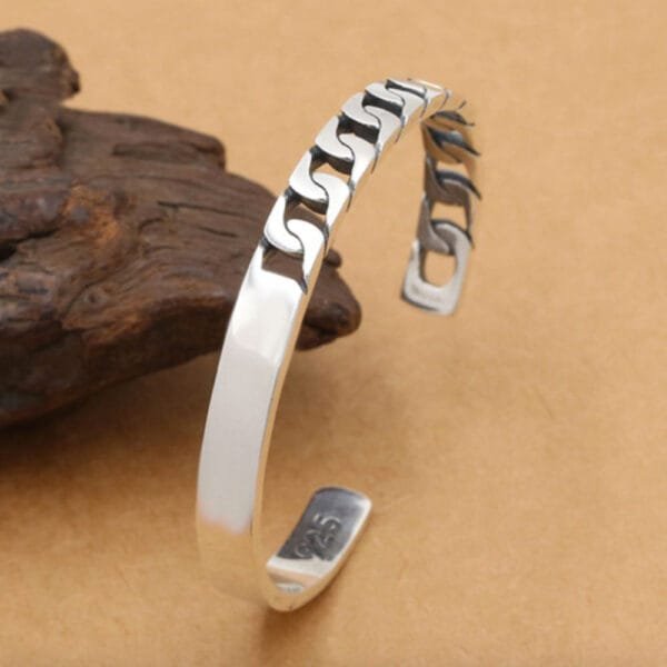 Men's Sterling Silver Half Curb Chain Cuff Bracelet - Image 4