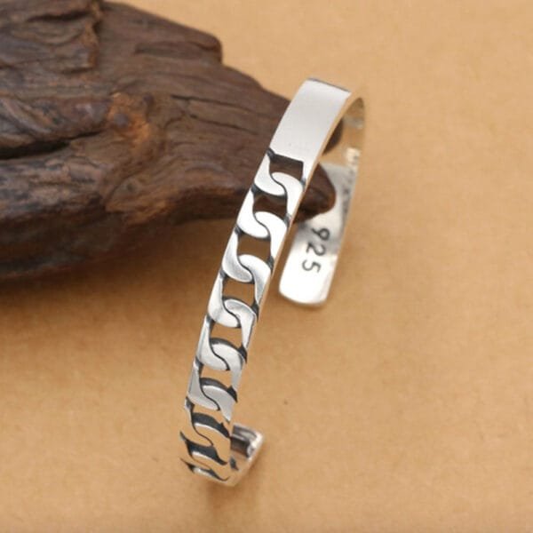 Men's Sterling Silver Half Curb Chain Cuff Bracelet - Image 5