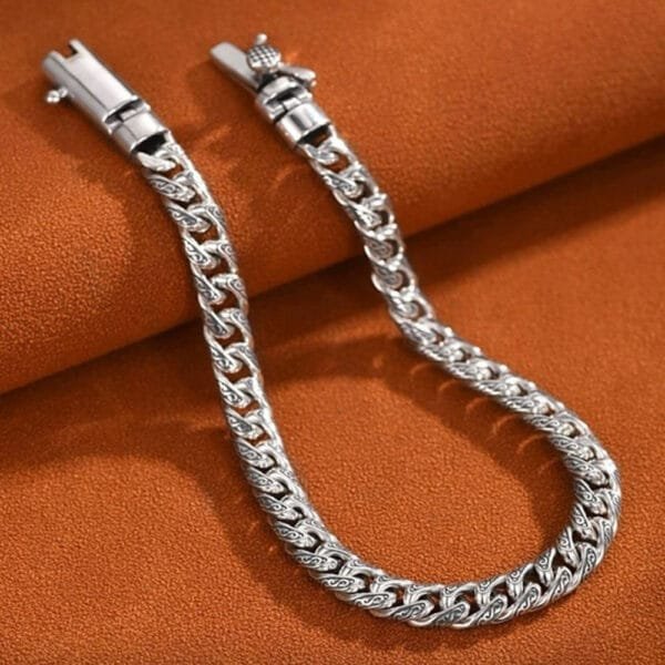 Men's Sterling Silver Ivy Pattern Slim Cuban Chain Bracelet - Image 2