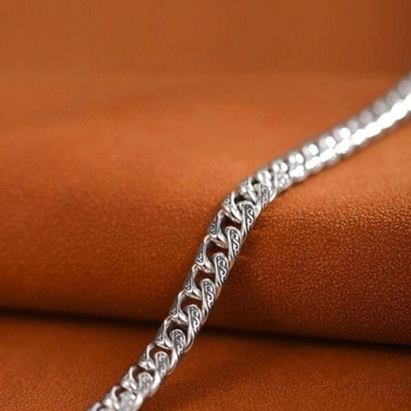 Men's Sterling Silver Ivy Pattern Slim Cuban Chain Bracelet - Image 4