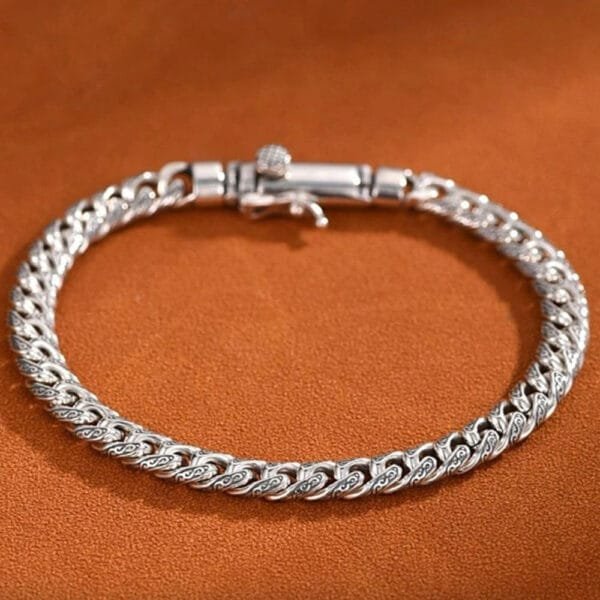 Men's Sterling Silver Ivy Pattern Slim Cuban Chain Bracelet - Image 6