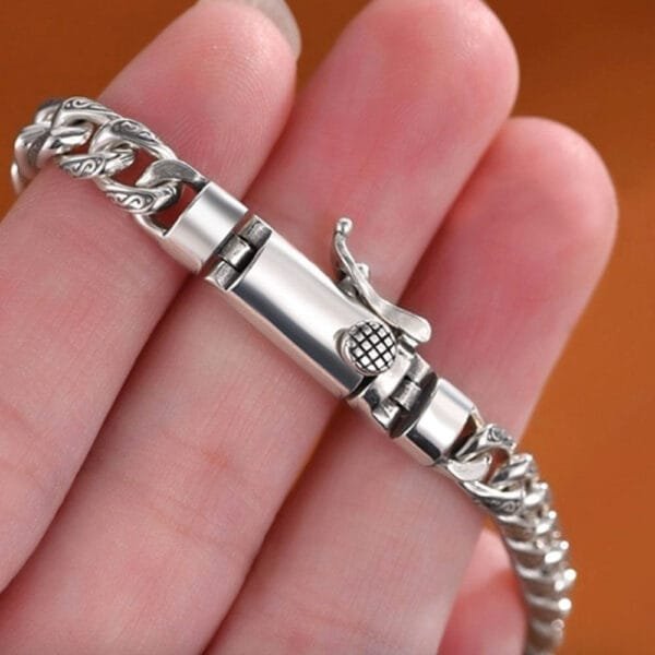 Men's Sterling Silver Ivy Pattern Slim Cuban Chain Bracelet - Image 7