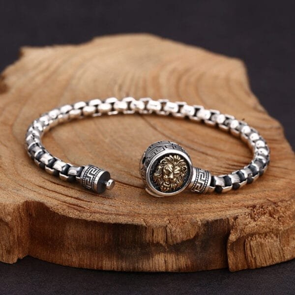 Men's Sterling Silver Lion Clasp Box Chain Bracelet - Image 6