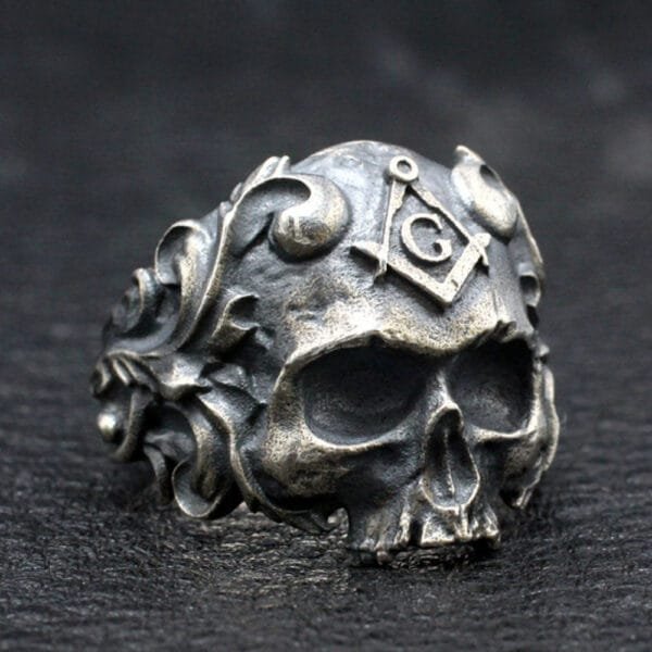 Men's Sterling Silver Masonic Skull Ring - Image 2