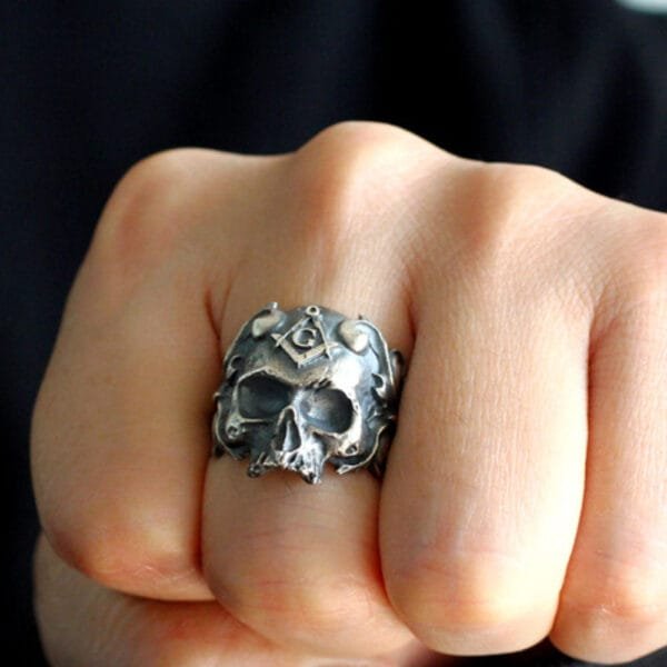 Men's Sterling Silver Masonic Skull Ring - Image 6