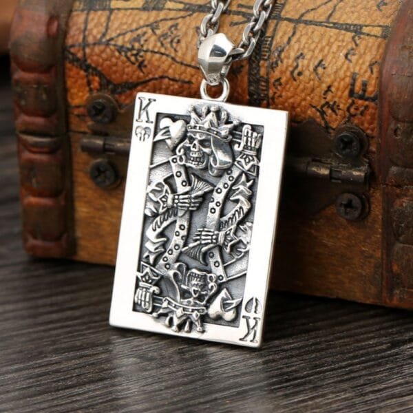 Men's Sterling Silver Poker King Skull Pendant Necklace - Image 4