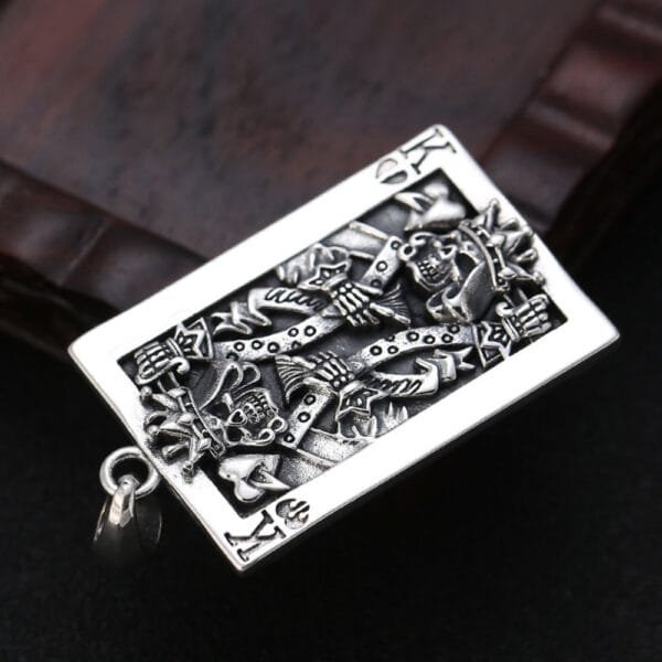 Men's Sterling Silver Poker King Skull Pendant Necklace - Image 3