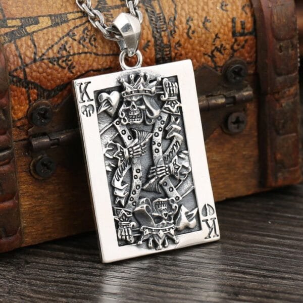 Men's Sterling Silver Poker King Skull Pendant Necklace - Image 6