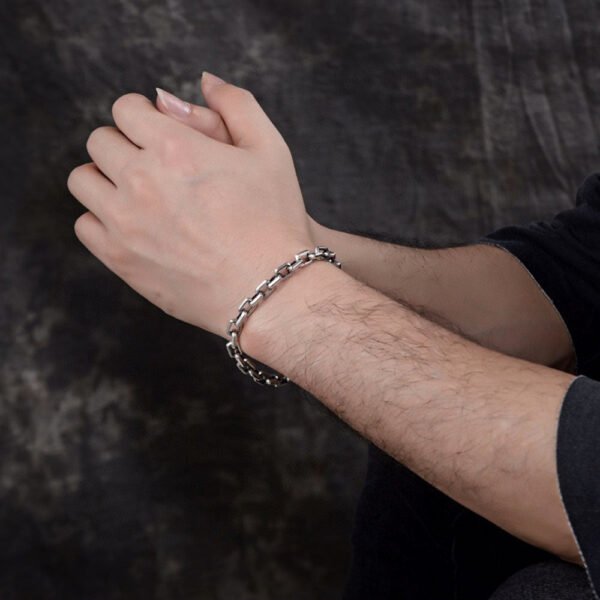 Men's Sterling Silver Rectangle Link Chain Bracelet - Image 7