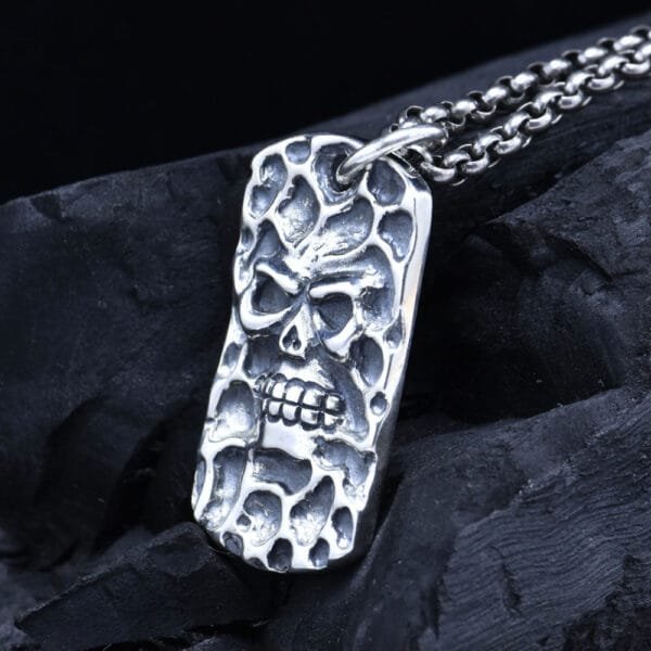 Men's Sterling Silver Skull Tag Pendant Necklace - Image 2