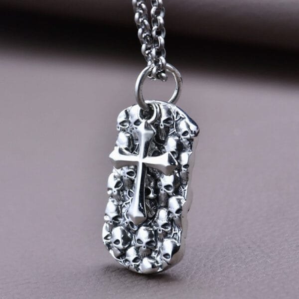 Men's Sterling Silver Skulls Tag and Cross Necklace