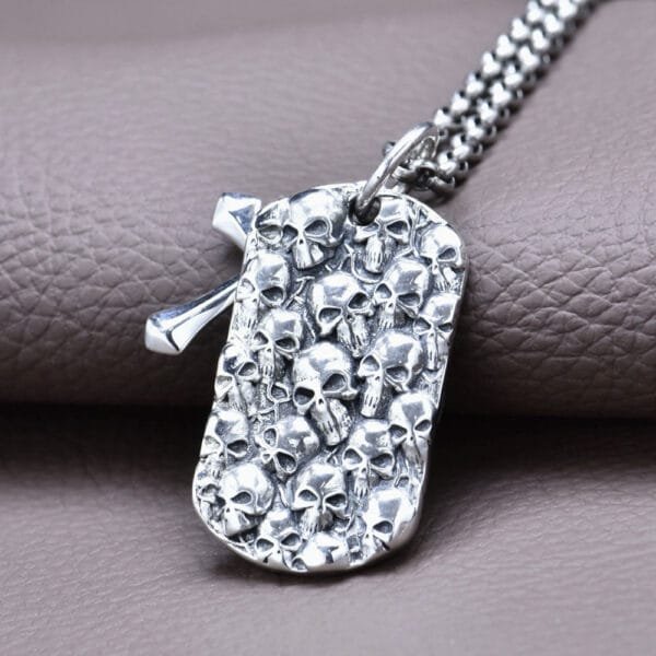 Men's Sterling Silver Skulls Tag and Cross Necklace - Image 2