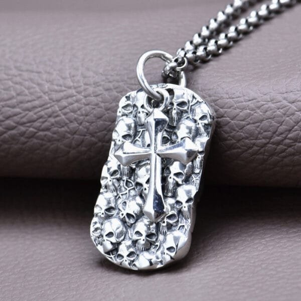 Men's Sterling Silver Skulls Tag and Cross Necklace - Image 3