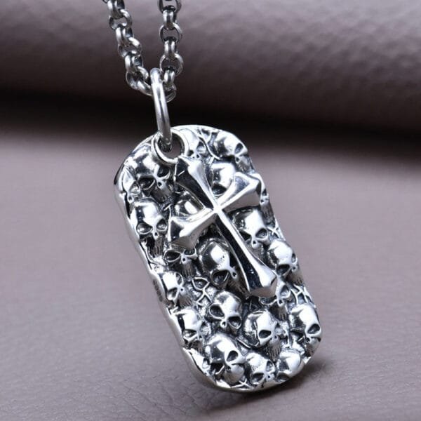 Men's Sterling Silver Skulls Tag and Cross Necklace - Image 4