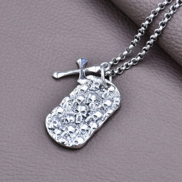 Men's Sterling Silver Skulls Tag and Cross Necklace - Image 5