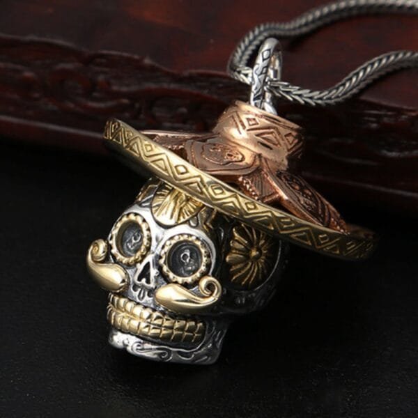 Men's Sterling Silver Sombrero Skull Necklace - Image 5